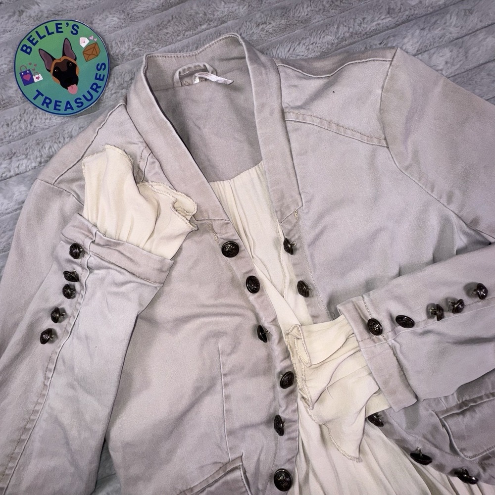 Free People XS Ruffle Romance Tan Open‎ Cardigan Jacket Buttons Pocke Military